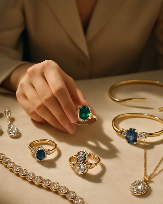 Gold rings, bracelets and a pendant set with emerald, sapphire and diamonds