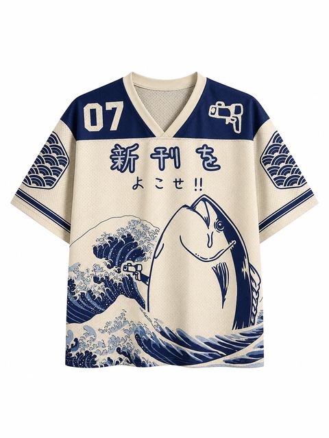 Cream V-neck tee with a wave and fish graphic