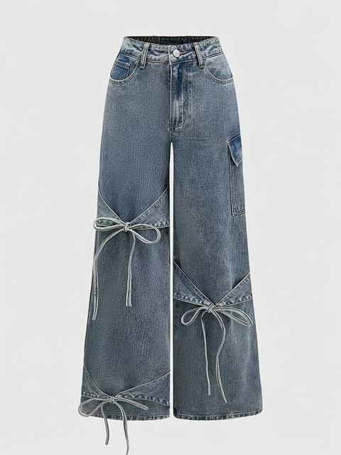 Item No. 02 — Light-wash jeans with bow ties on the legs