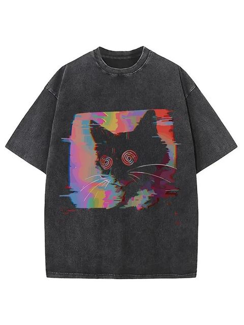 Item No. 28 — Black washed tee with a glitch cat graphic